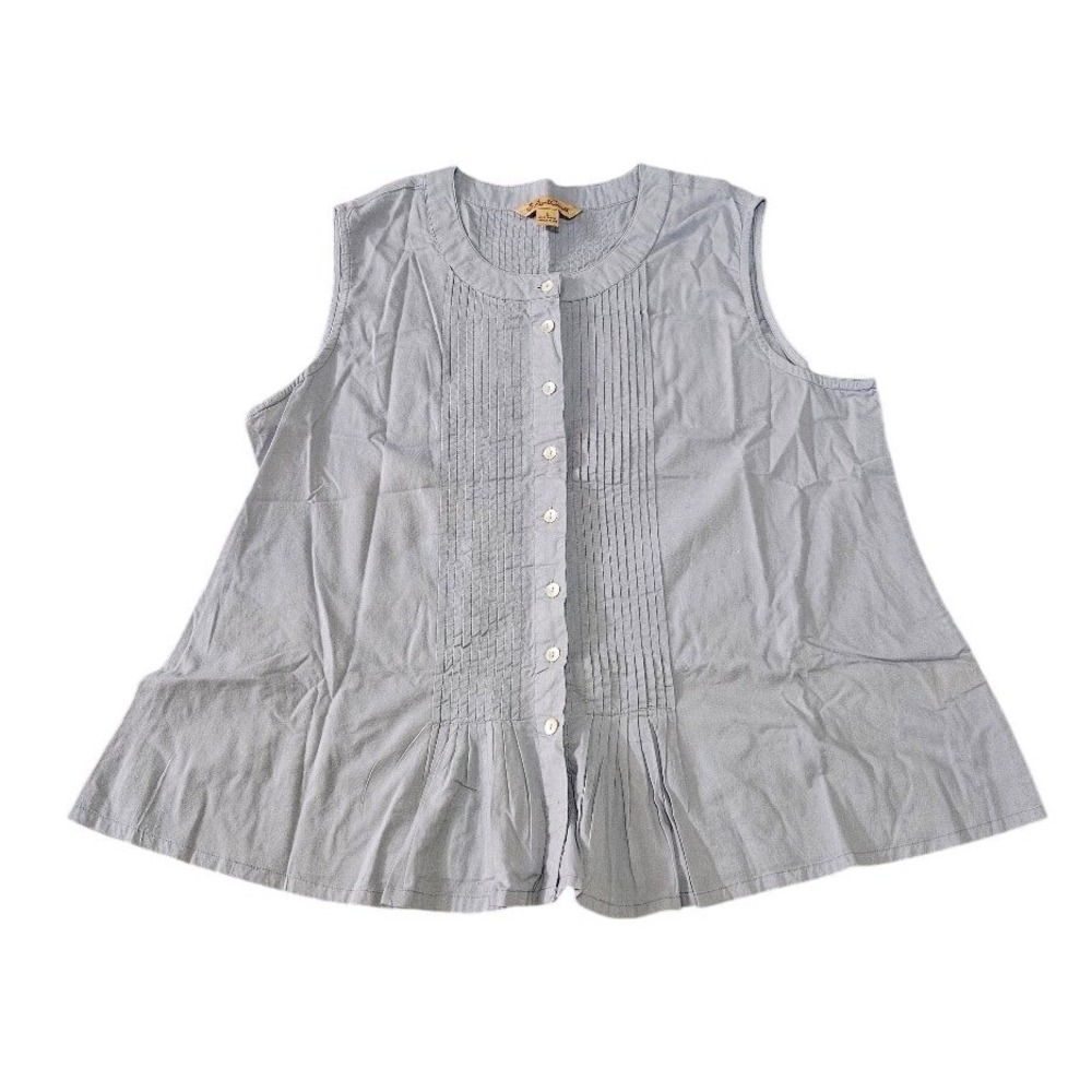 April Cornell Womens Blue Cotton Pintuck Sleeveless Button Front Blouse Large
